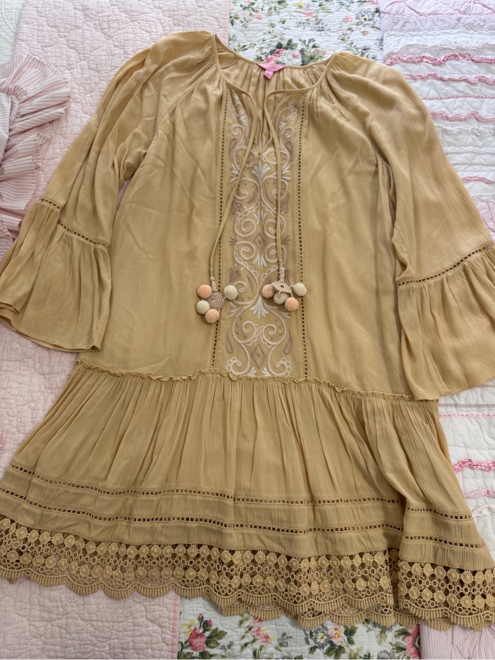 Lilly Pulitzer Girls' Tan Peasant Dress with Pom Tassels